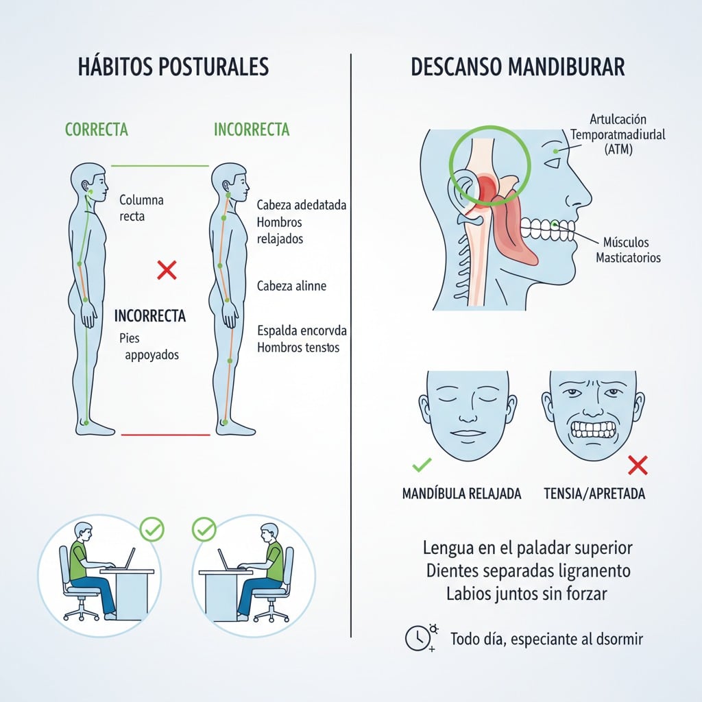 Infografía que compara los hábitos posturales correctos e incorrectos al estar de pie, sentado frente al ordenador y en el descanso mandibular.